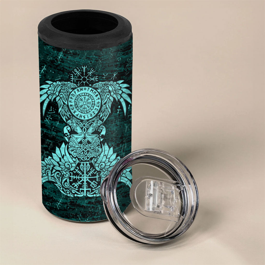 Valknut Ravens and Vegvisir Helm of Awe 4 in 1 Can Cooler Tumbler Viking Nordic Celtic Knotwork Turquoise Runic Art