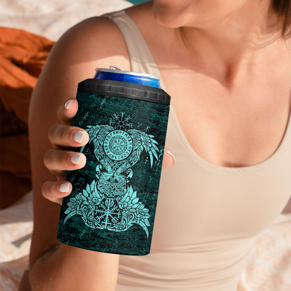 Valknut Ravens and Vegvisir Helm of Awe 4 in 1 Can Cooler Tumbler Viking Nordic Celtic Knotwork Turquoise Runic Art