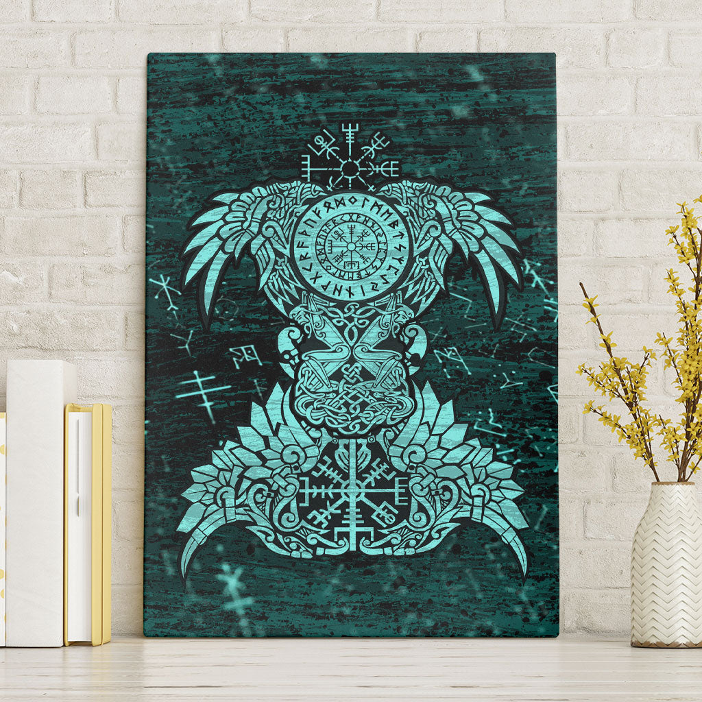 Valknut Ravens and Vegvisir Helm of Awe Canvas Wall Art Viking Nordic Celtic Knotwork Turquoise Runic Art