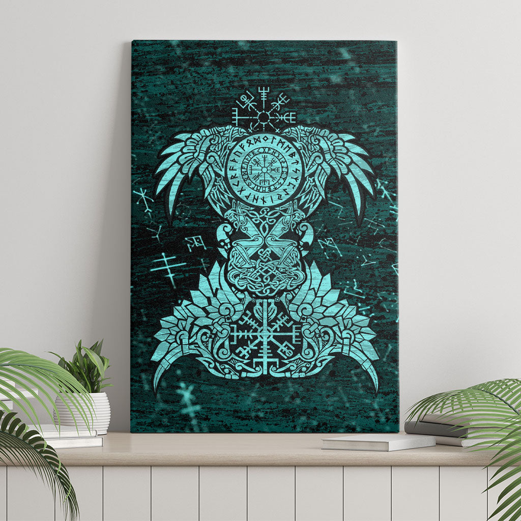 Valknut Ravens and Vegvisir Helm of Awe Canvas Wall Art Viking Nordic Celtic Knotwork Turquoise Runic Art