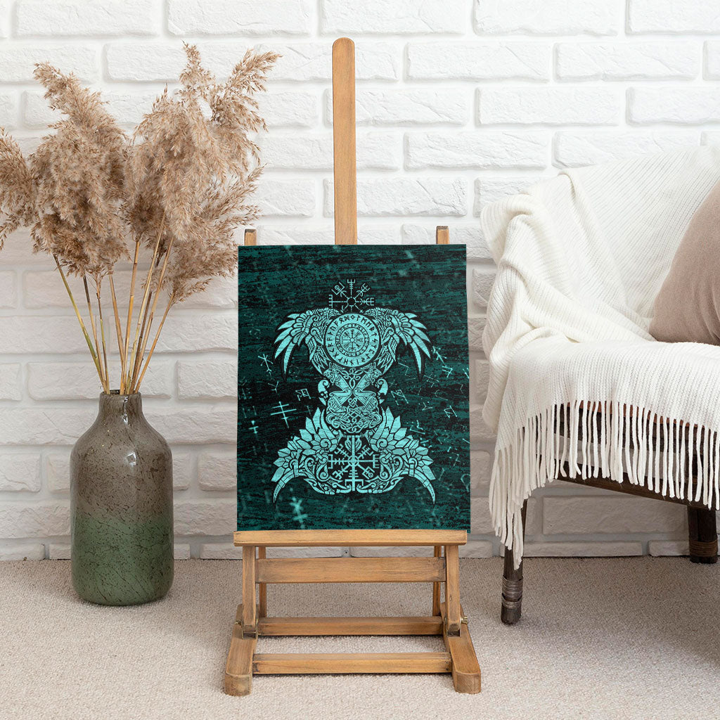 Valknut Ravens and Vegvisir Helm of Awe Canvas Wall Art Viking Nordic Celtic Knotwork Turquoise Runic Art