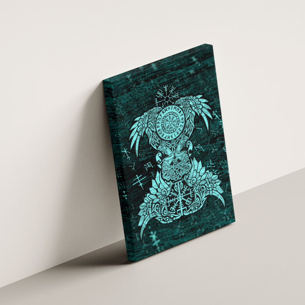 Valknut Ravens and Vegvisir Helm of Awe Canvas Wall Art Viking Nordic Celtic Knotwork Turquoise Runic Art