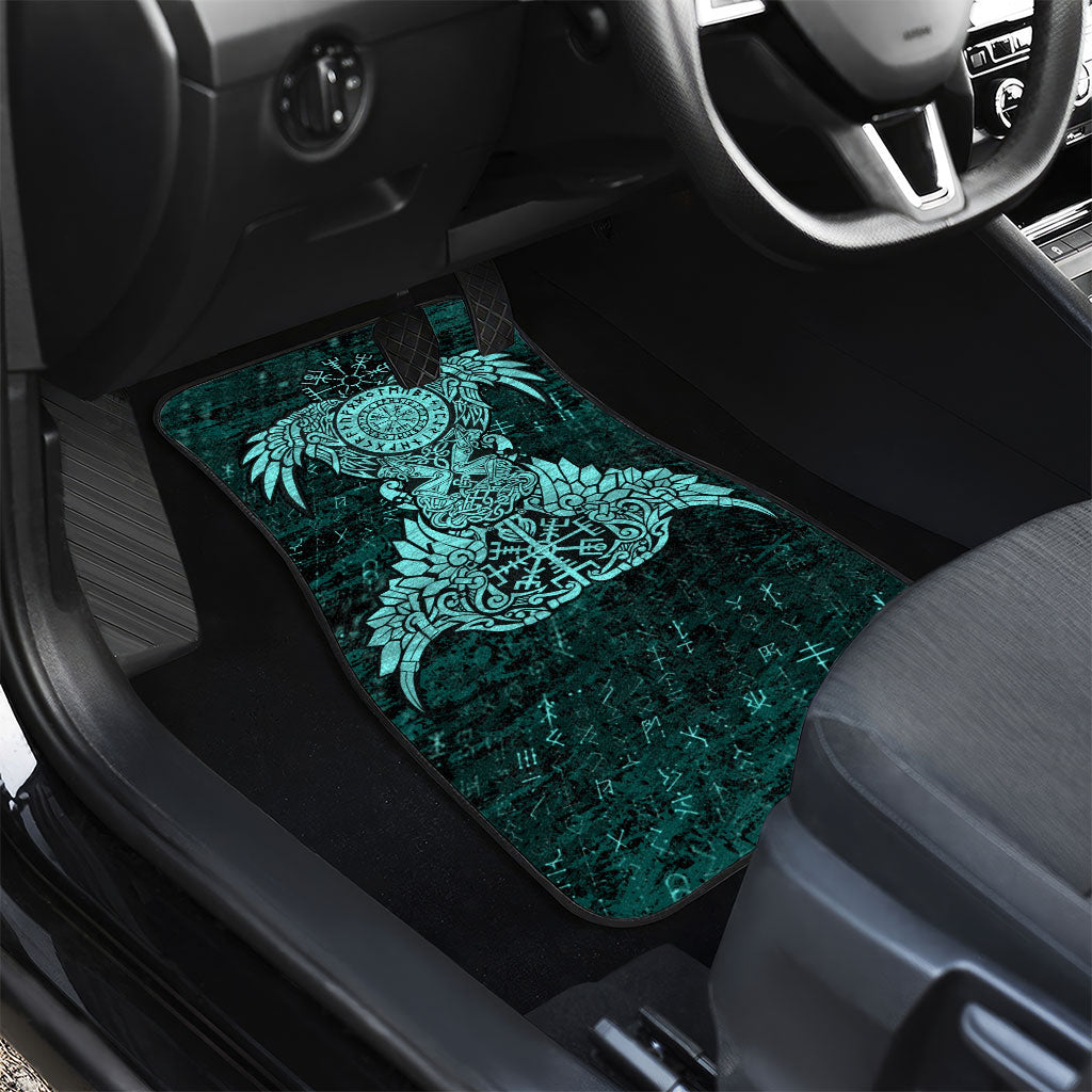 Valknut Ravens and Vegvisir Helm of Awe Car Mats Viking Nordic Celtic Knotwork Turquoise Runic Art