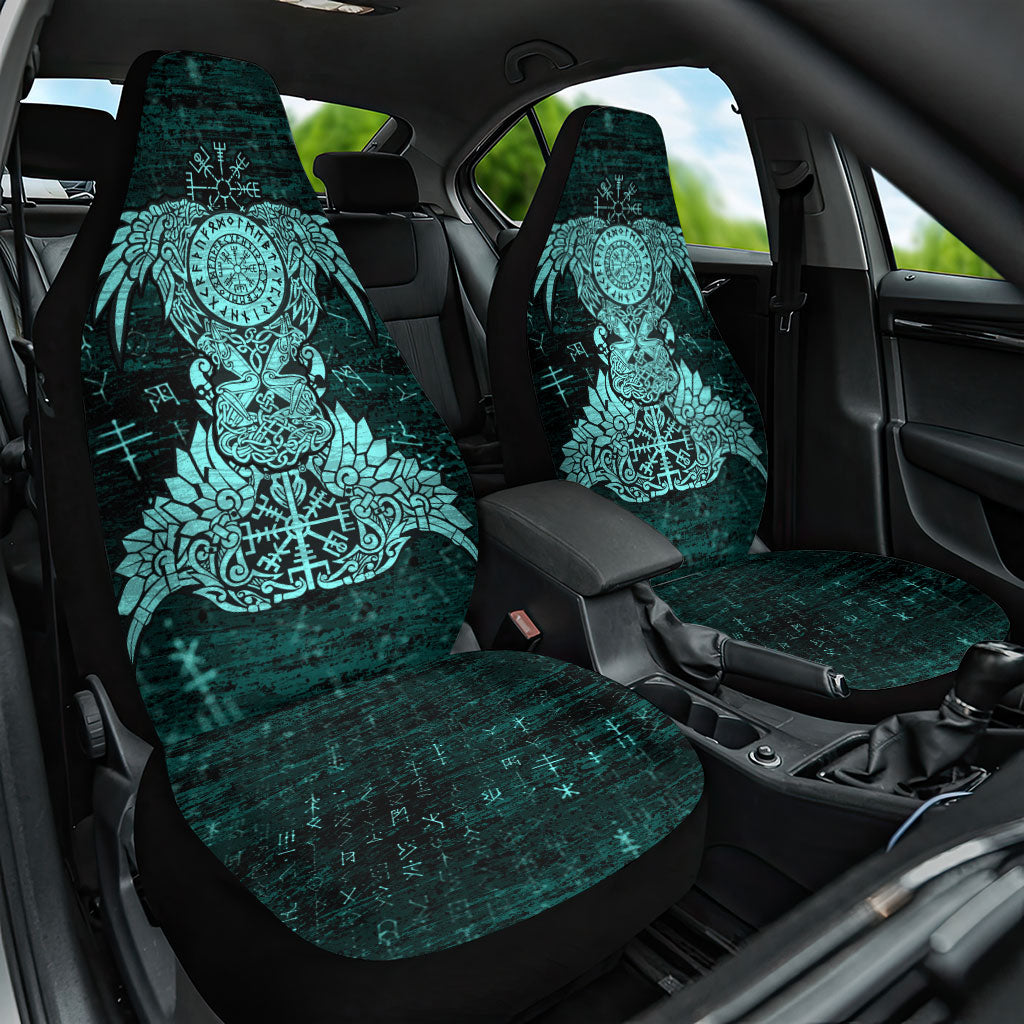 Valknut Ravens and Vegvisir Helm of Awe Car Seat Cover Viking Nordic Celtic Knotwork Turquoise Runic Art