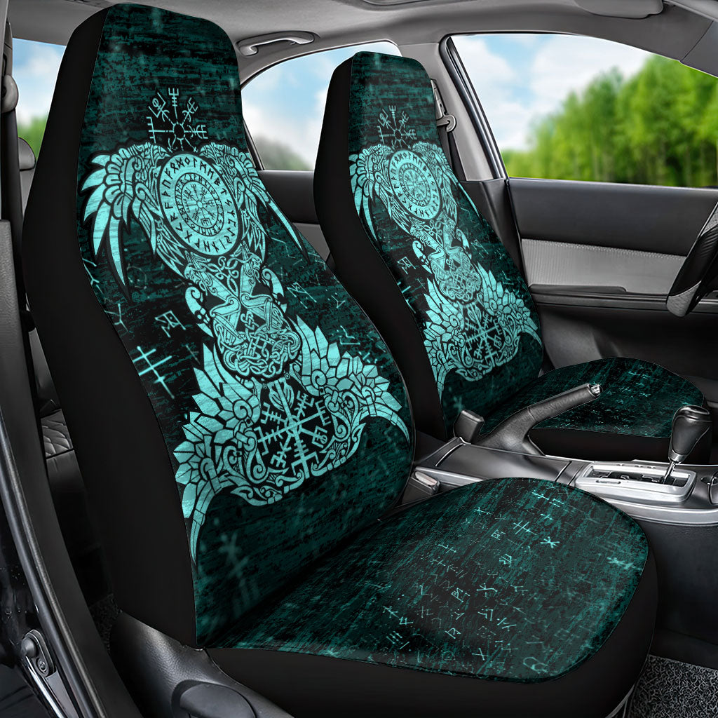 Valknut Ravens and Vegvisir Helm of Awe Car Seat Cover Viking Nordic Celtic Knotwork Turquoise Runic Art