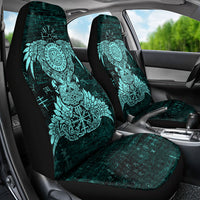Valknut Ravens and Vegvisir Helm of Awe Car Seat Cover Viking Nordic Celtic Knotwork Turquoise Runic Art