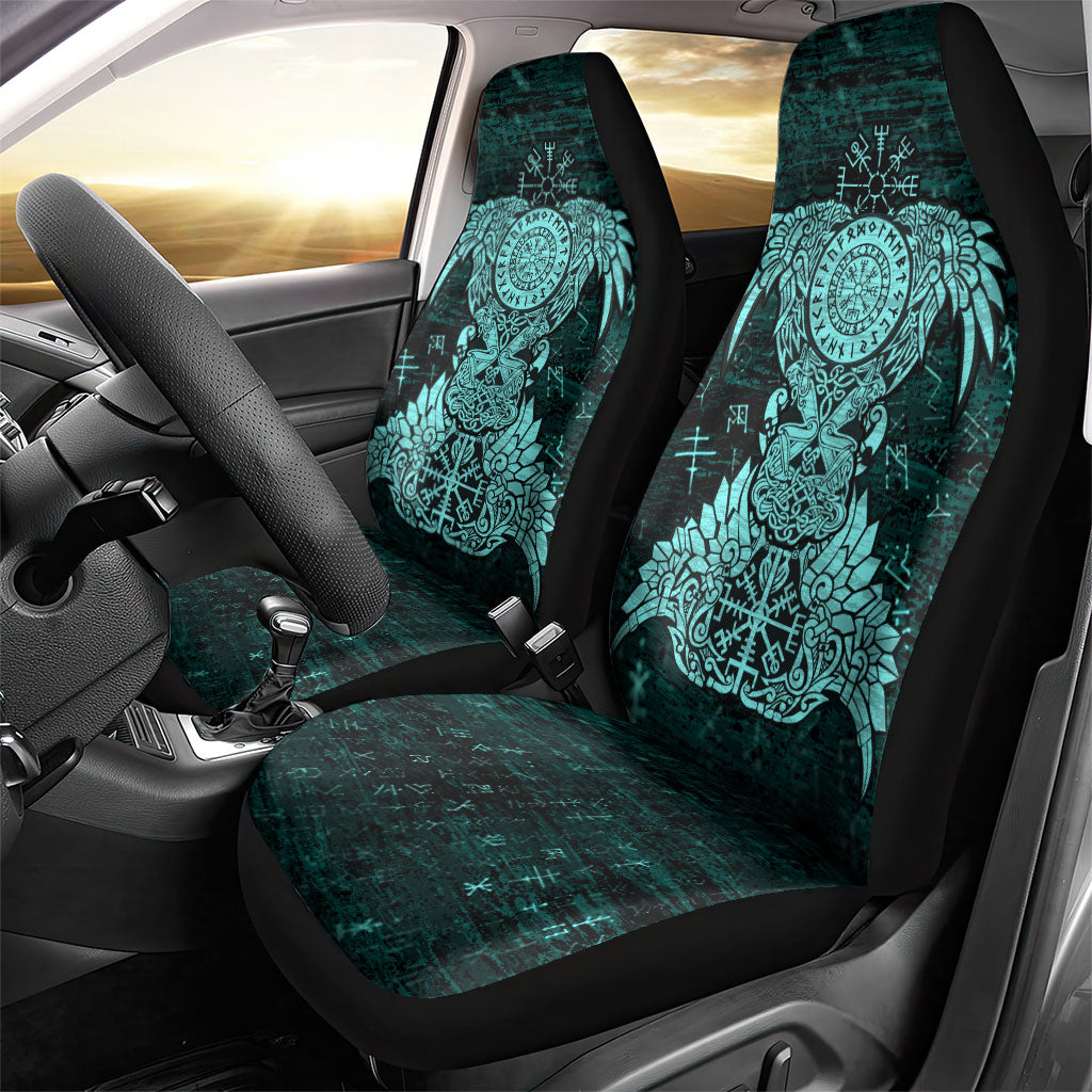 Valknut Ravens and Vegvisir Helm of Awe Car Seat Cover Viking Nordic Celtic Knotwork Turquoise Runic Art