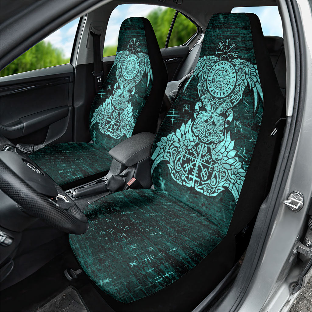 Valknut Ravens and Vegvisir Helm of Awe Car Seat Cover Viking Nordic Celtic Knotwork Turquoise Runic Art