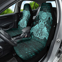 Valknut Ravens and Vegvisir Helm of Awe Car Seat Cover Viking Nordic Celtic Knotwork Turquoise Runic Art