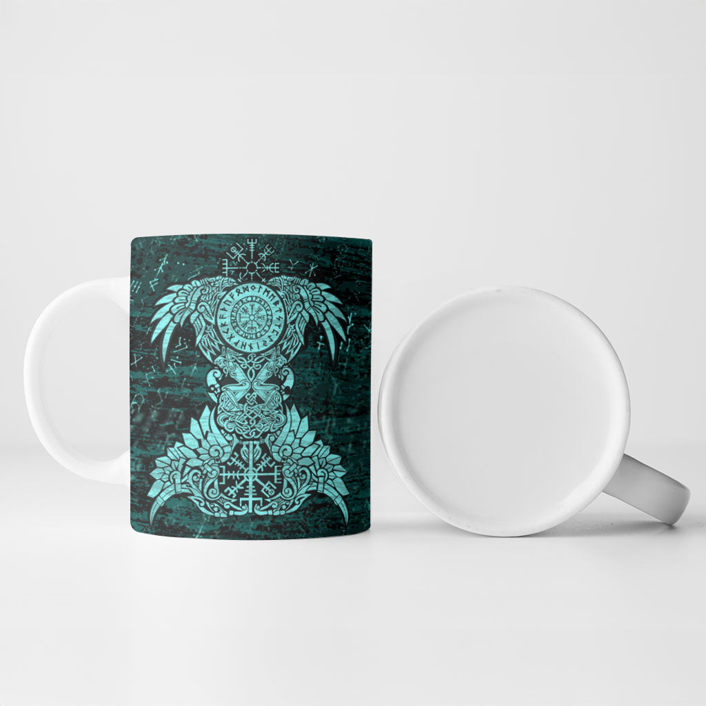 Valknut Ravens and Vegvisir Helm of Awe Ceramic Mug Viking Nordic Celtic Knotwork Turquoise Runic Art