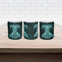 Valknut Ravens and Vegvisir Helm of Awe Ceramic Mug Viking Nordic Celtic Knotwork Turquoise Runic Art
