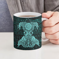 Valknut Ravens and Vegvisir Helm of Awe Ceramic Mug Viking Nordic Celtic Knotwork Turquoise Runic Art