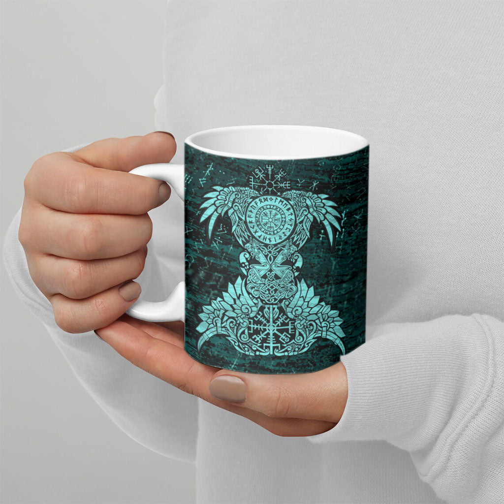 Valknut Ravens and Vegvisir Helm of Awe Ceramic Mug Viking Nordic Celtic Knotwork Turquoise Runic Art