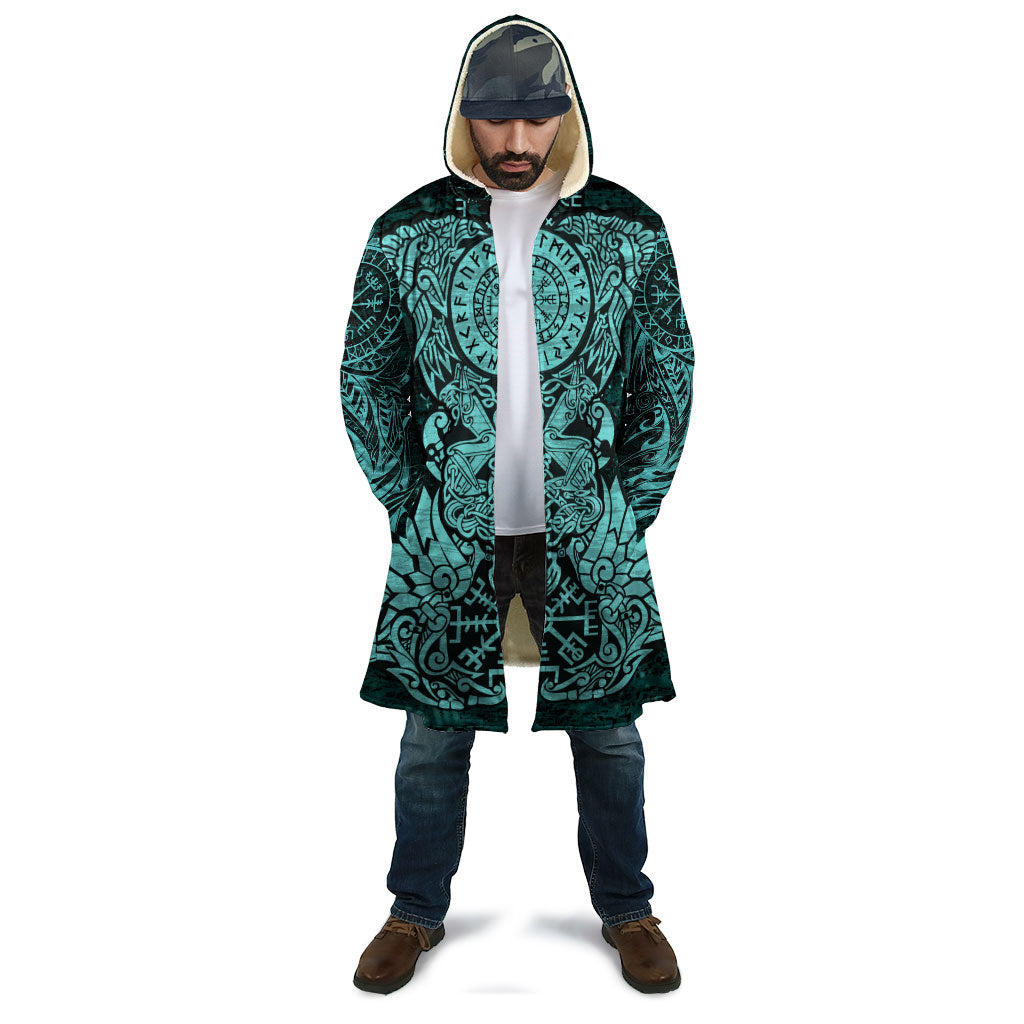 Valknut Ravens and Vegvisir Helm of Awe Cloak Viking Nordic Celtic Knotwork Turquoise Runic Art