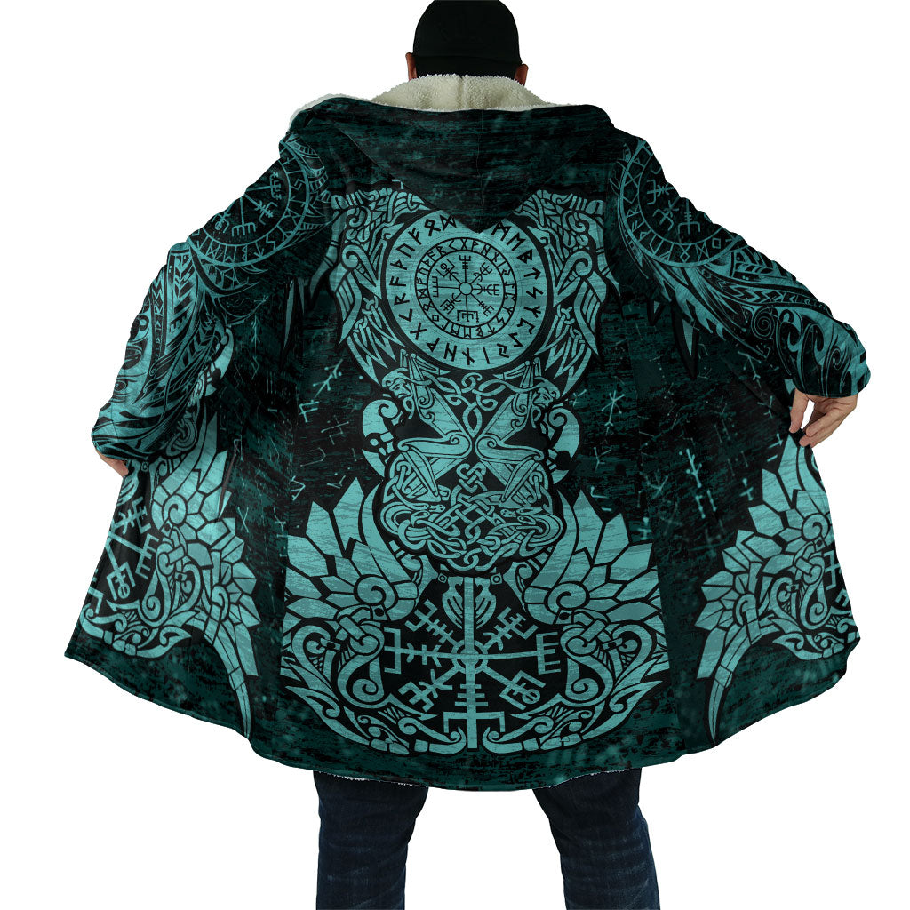 Valknut Ravens and Vegvisir Helm of Awe Cloak Viking Nordic Celtic Knotwork Turquoise Runic Art