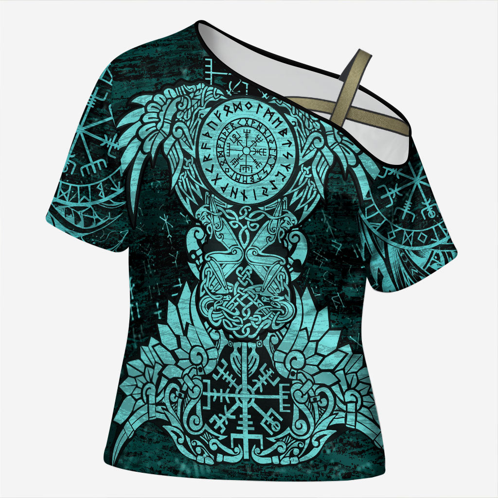 Valknut Ravens and Vegvisir Helm of Awe Cross Shoulder Shirt Viking Nordic Celtic Knotwork Turquoise Runic Art