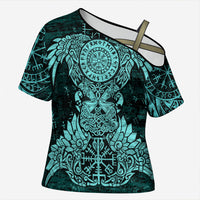 Valknut Ravens and Vegvisir Helm of Awe Cross Shoulder Shirt Viking Nordic Celtic Knotwork Turquoise Runic Art