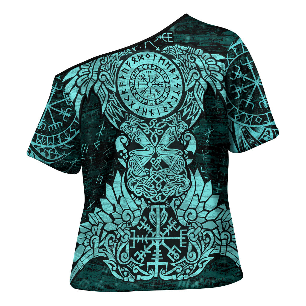 Valknut Ravens and Vegvisir Helm of Awe Cross Shoulder Shirt Viking Nordic Celtic Knotwork Turquoise Runic Art