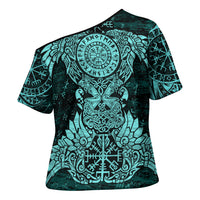 Valknut Ravens and Vegvisir Helm of Awe Cross Shoulder Shirt Viking Nordic Celtic Knotwork Turquoise Runic Art
