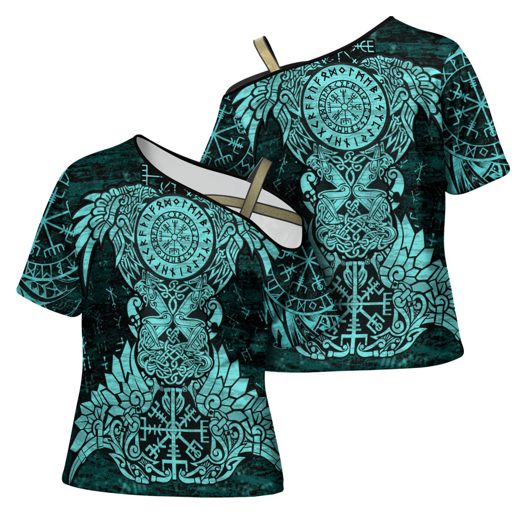 Valknut Ravens and Vegvisir Helm of Awe Cross Shoulder Shirt Viking Nordic Celtic Knotwork Turquoise Runic Art