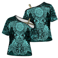 Valknut Ravens and Vegvisir Helm of Awe Cross Shoulder Shirt Viking Nordic Celtic Knotwork Turquoise Runic Art