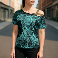 Valknut Ravens and Vegvisir Helm of Awe Cross Shoulder Shirt Viking Nordic Celtic Knotwork Turquoise Runic Art