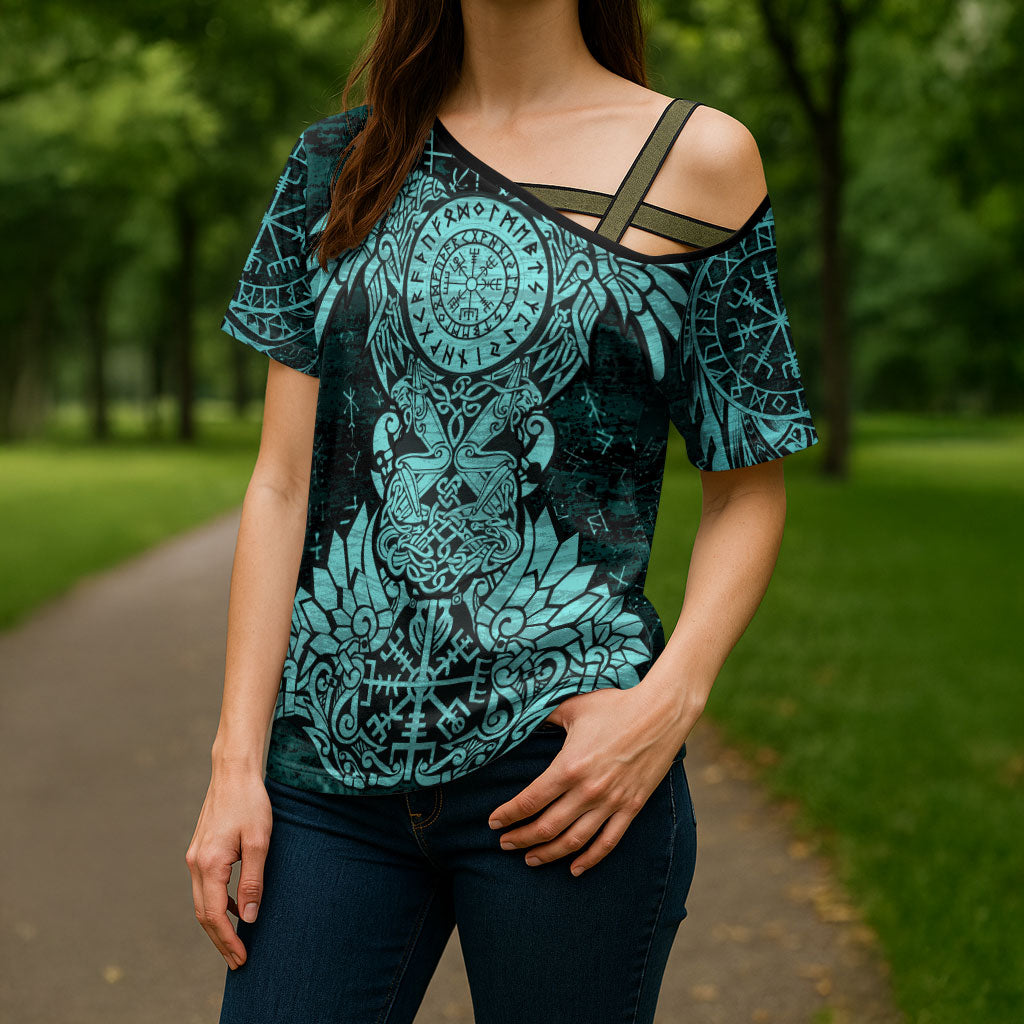Valknut Ravens and Vegvisir Helm of Awe Cross Shoulder Shirt Viking Nordic Celtic Knotwork Turquoise Runic Art