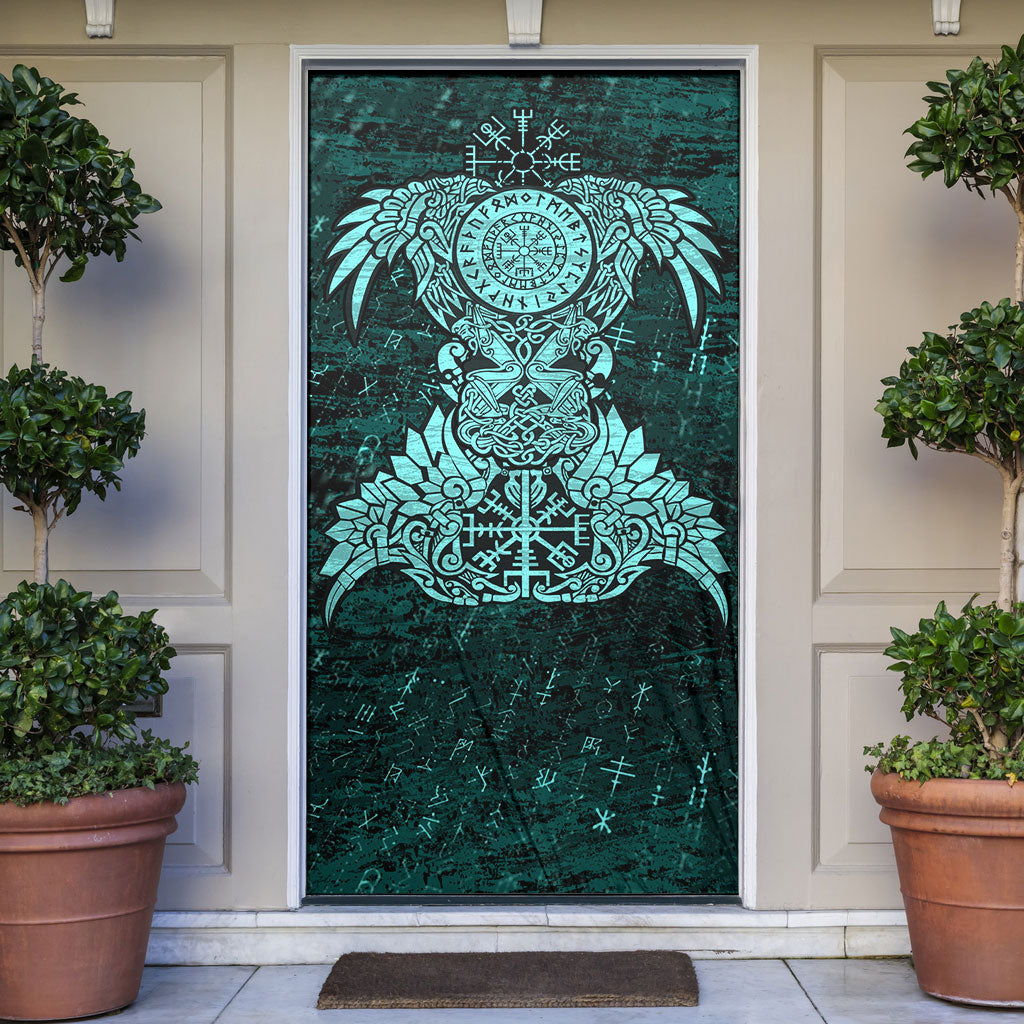 Valknut Ravens and Vegvisir Helm of Awe Door Cover Viking Nordic Celtic Knotwork Turquoise Runic Art