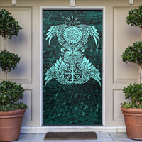 Valknut Ravens and Vegvisir Helm of Awe Door Cover Viking Nordic Celtic Knotwork Turquoise Runic Art