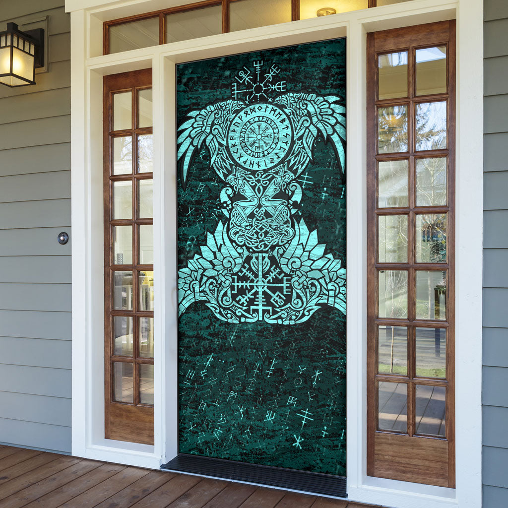 Valknut Ravens and Vegvisir Helm of Awe Door Cover Viking Nordic Celtic Knotwork Turquoise Runic Art