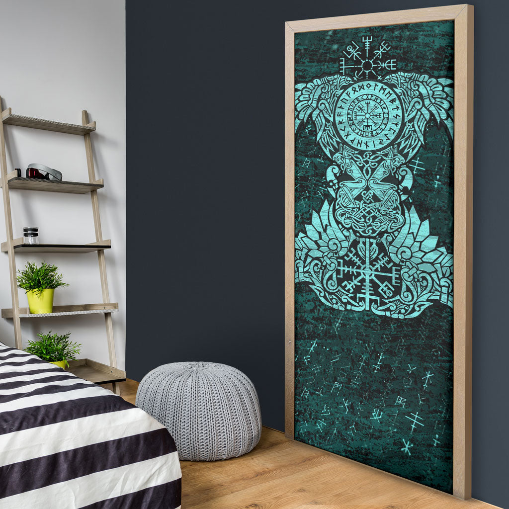 Valknut Ravens and Vegvisir Helm of Awe Door Cover Viking Nordic Celtic Knotwork Turquoise Runic Art