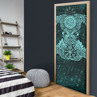 Valknut Ravens and Vegvisir Helm of Awe Door Cover Viking Nordic Celtic Knotwork Turquoise Runic Art