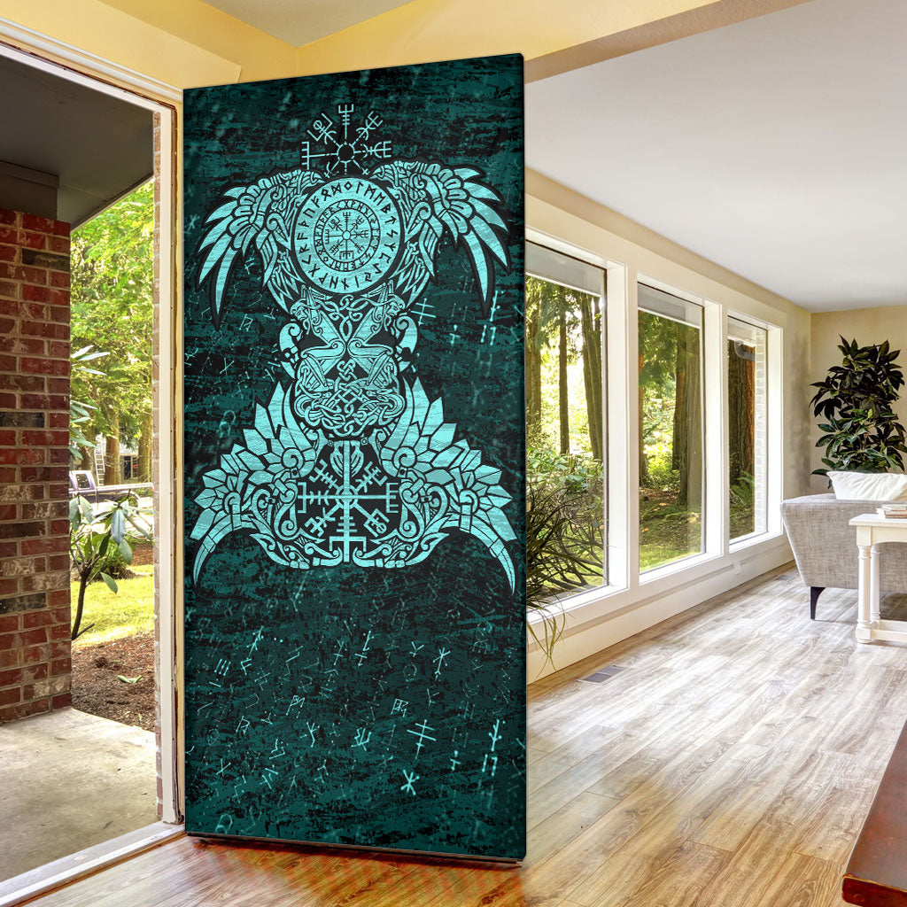 Valknut Ravens and Vegvisir Helm of Awe Door Cover Viking Nordic Celtic Knotwork Turquoise Runic Art