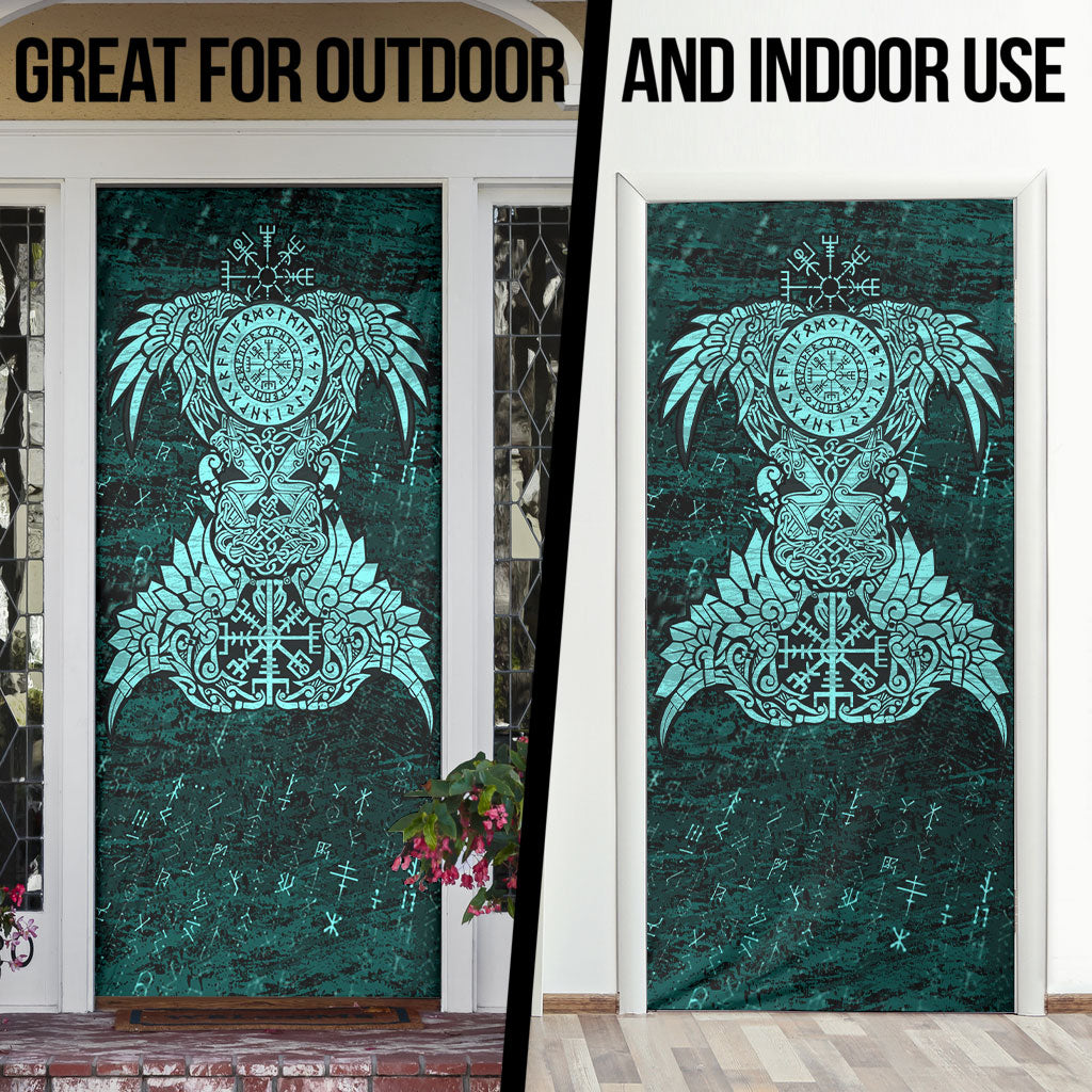 Valknut Ravens and Vegvisir Helm of Awe Door Cover Viking Nordic Celtic Knotwork Turquoise Runic Art