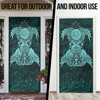Valknut Ravens and Vegvisir Helm of Awe Door Cover Viking Nordic Celtic Knotwork Turquoise Runic Art