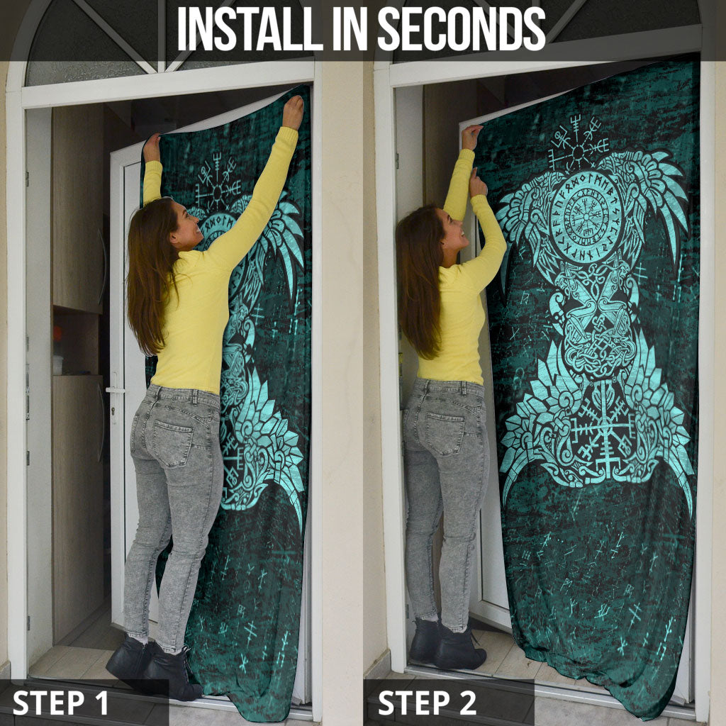 Valknut Ravens and Vegvisir Helm of Awe Door Cover Viking Nordic Celtic Knotwork Turquoise Runic Art