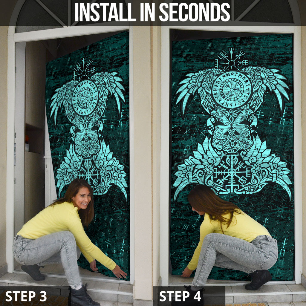 Valknut Ravens and Vegvisir Helm of Awe Door Cover Viking Nordic Celtic Knotwork Turquoise Runic Art