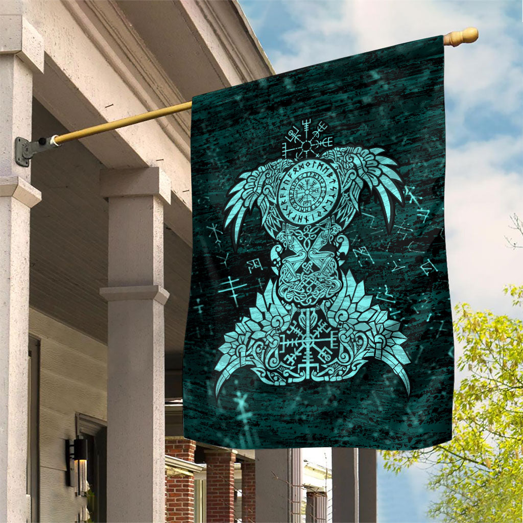 Valknut Ravens and Vegvisir Helm of Awe Garden Flag Viking Nordic Celtic Knotwork Turquoise Runic Art