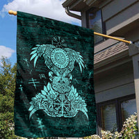 Valknut Ravens and Vegvisir Helm of Awe Garden Flag Viking Nordic Celtic Knotwork Turquoise Runic Art