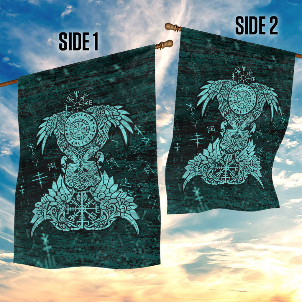 Valknut Ravens and Vegvisir Helm of Awe Garden Flag Viking Nordic Celtic Knotwork Turquoise Runic Art