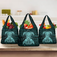 Valknut Ravens and Vegvisir Helm of Awe Grocery Bag Viking Nordic Celtic Knotwork Turquoise Runic Art