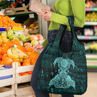 Valknut Ravens and Vegvisir Helm of Awe Grocery Bag Viking Nordic Celtic Knotwork Turquoise Runic Art