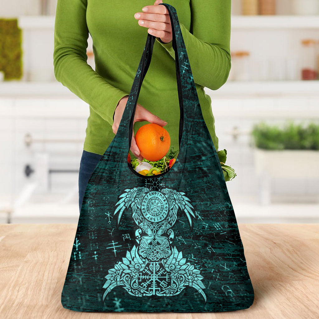 Valknut Ravens and Vegvisir Helm of Awe Grocery Bag Viking Nordic Celtic Knotwork Turquoise Runic Art