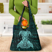 Valknut Ravens and Vegvisir Helm of Awe Grocery Bag Viking Nordic Celtic Knotwork Turquoise Runic Art