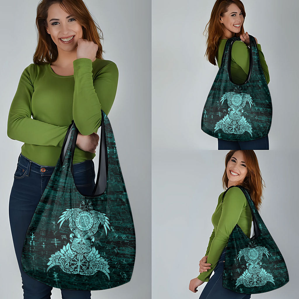 Valknut Ravens and Vegvisir Helm of Awe Grocery Bag Viking Nordic Celtic Knotwork Turquoise Runic Art