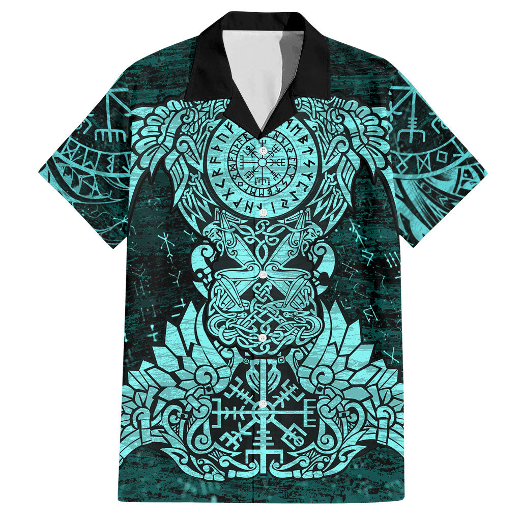 Valknut Ravens and Vegvisir Helm of Awe Hawaiian Shirt Viking Nordic Celtic Knotwork Turquoise Runic Art