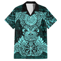 Valknut Ravens and Vegvisir Helm of Awe Hawaiian Shirt Viking Nordic Celtic Knotwork Turquoise Runic Art