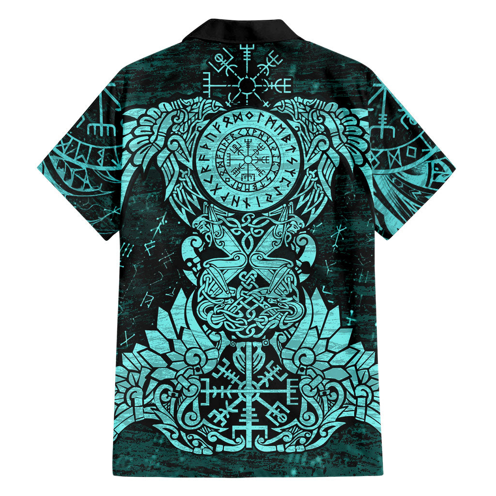 Valknut Ravens and Vegvisir Helm of Awe Hawaiian Shirt Viking Nordic Celtic Knotwork Turquoise Runic Art