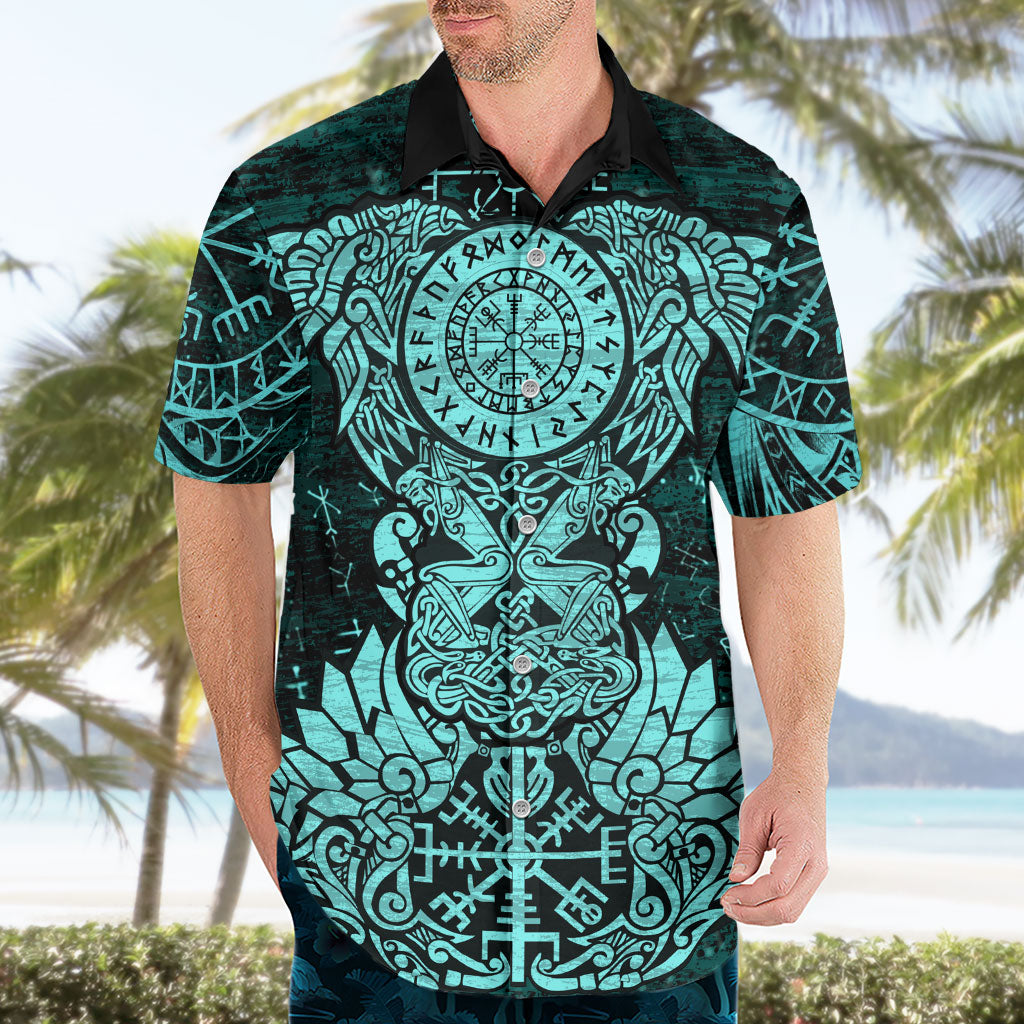 Valknut Ravens and Vegvisir Helm of Awe Hawaiian Shirt Viking Nordic Celtic Knotwork Turquoise Runic Art