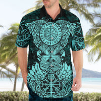 Valknut Ravens and Vegvisir Helm of Awe Hawaiian Shirt Viking Nordic Celtic Knotwork Turquoise Runic Art